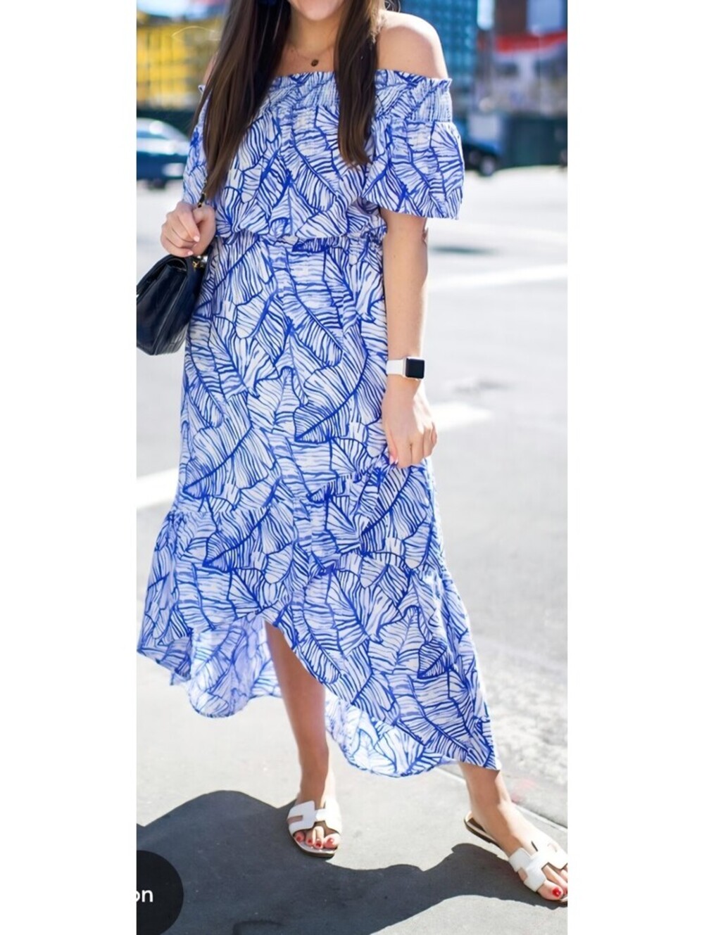 Vineyard vines Blue and white leaf print off-the-shoulder maxi dress